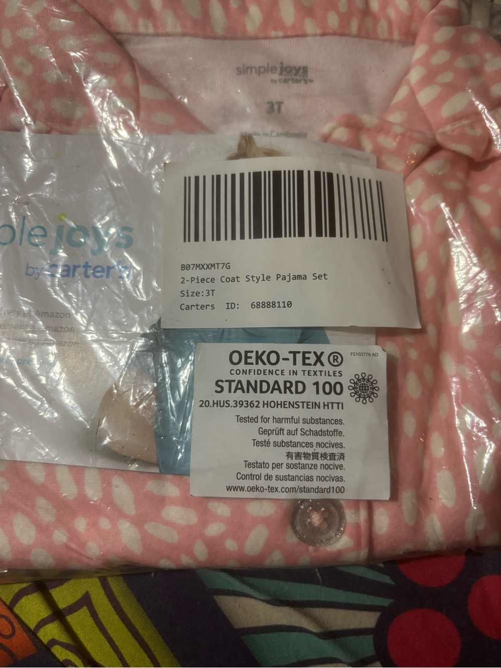 Carter's Simple Joys Pink and White Dot 2-Piece Coat Style Pajama Set 3T - Picture 3 of 4